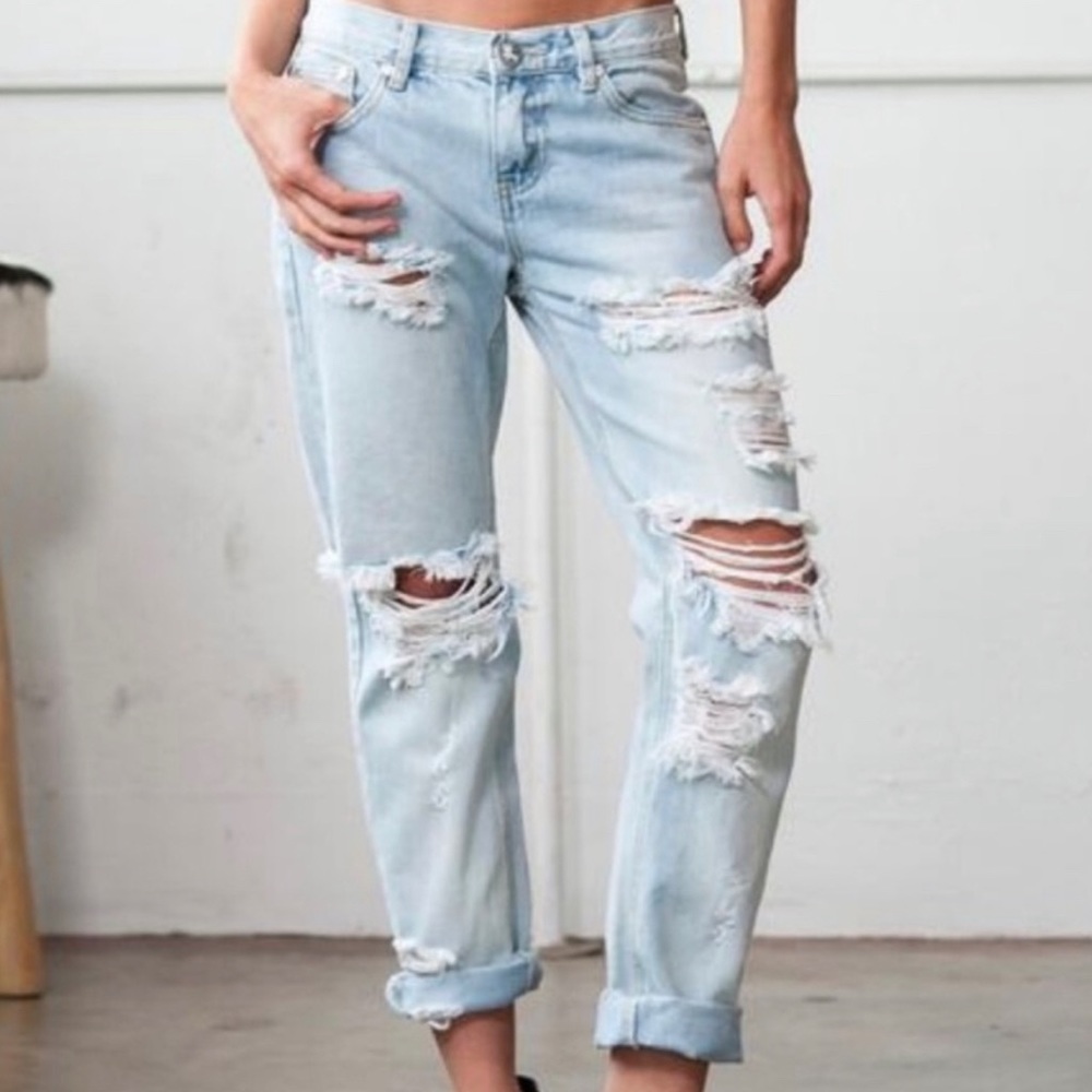 One Teaspoon Awesome Baggies Relaxed Distressed Tapered Rolled Jeans Size 27